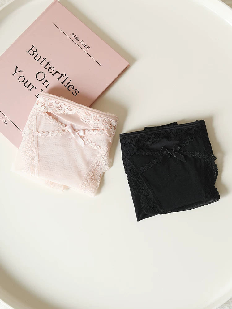 French-Inspired Vintage Mesh Panties with Bow and Lace Trim