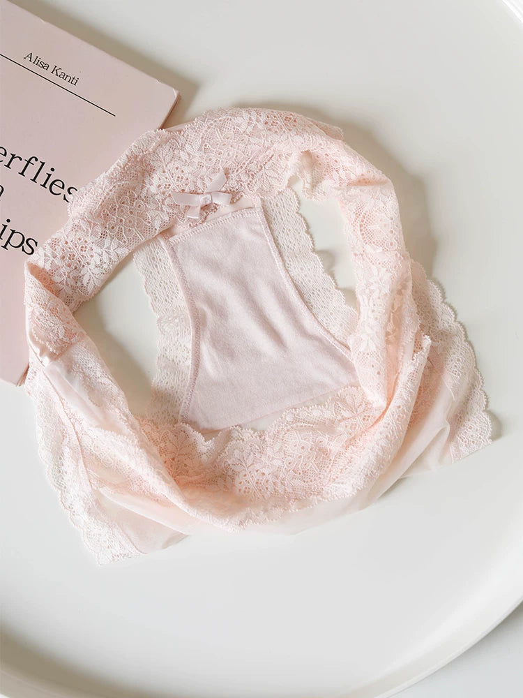 French-Inspired Vintage Pink Panties with Bow Embroidery and Lace Trim