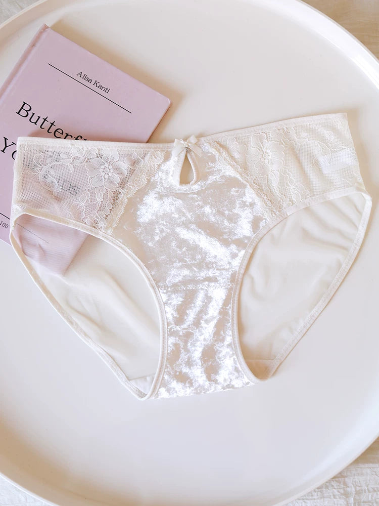 French-Inspired Vintage Mesh Panties with Velvet Bow and Lace Trim