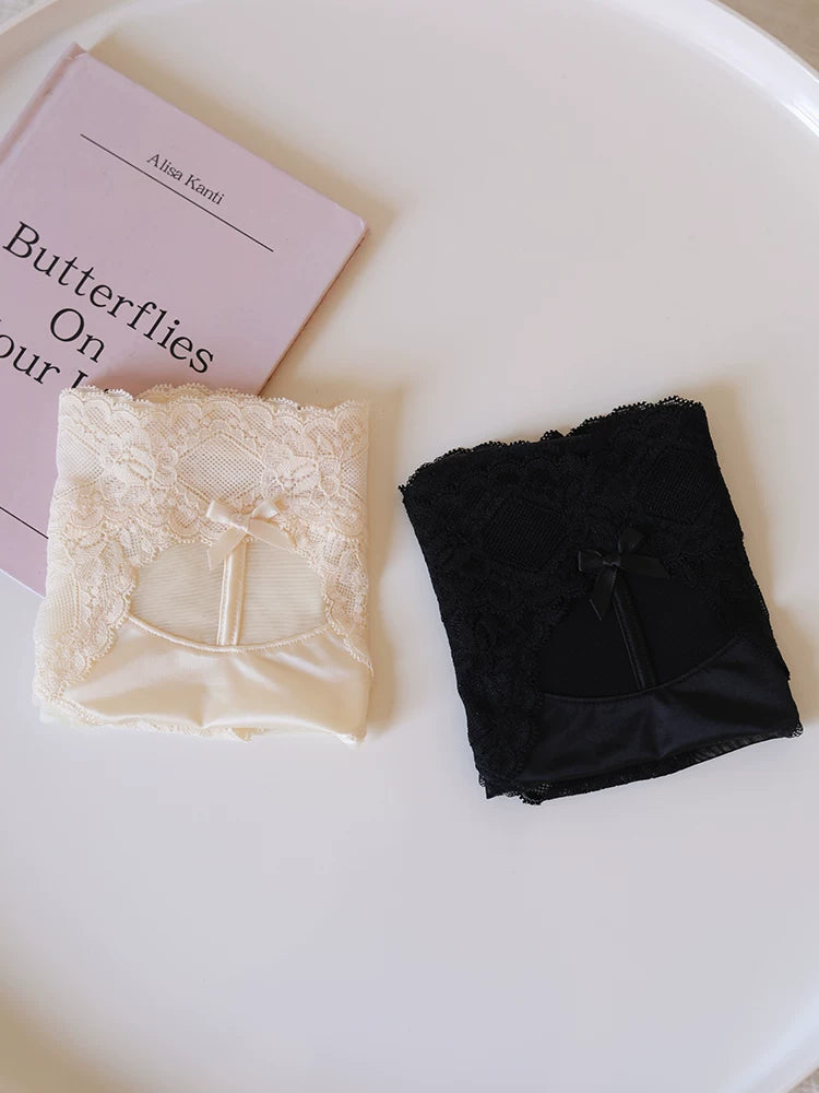 Mid-Waist Satin Mesh Panties with Lace Trim
