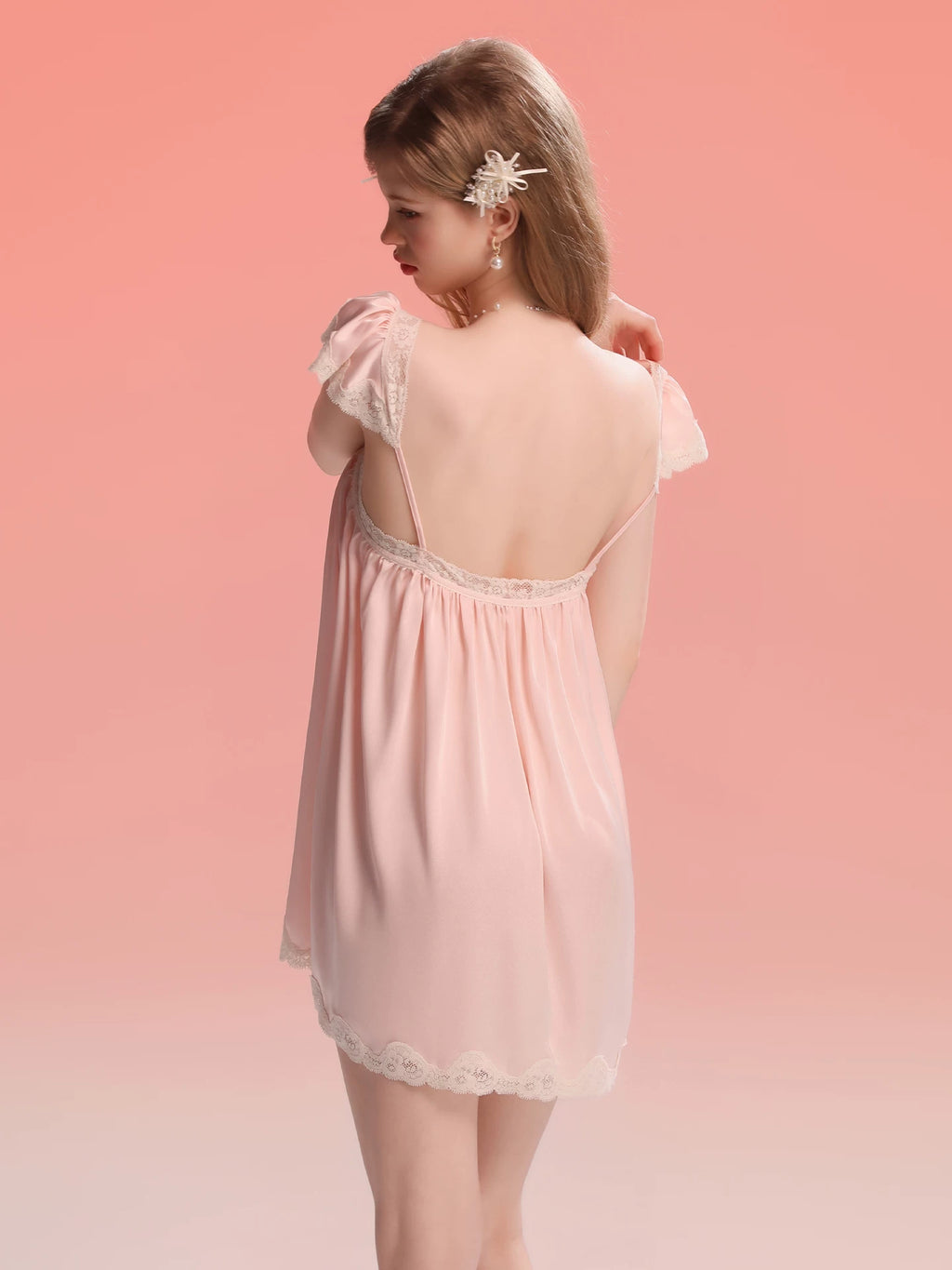 French-Inspired Vintage Nightgown with Flutter Sleeves and Lace Trim