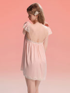 French-Inspired Vintage Nightgown with Flutter Sleeves and Lace Trim