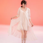 French-Inspired Vintage Mesh Nightdress with Doll Collar and Gauze Trim