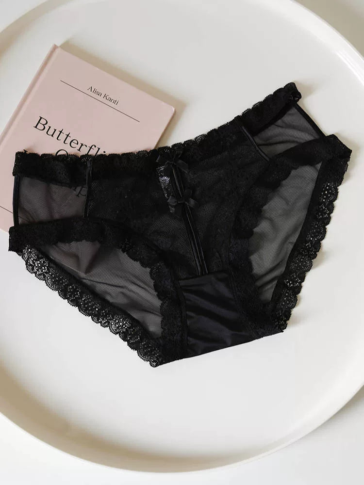 French-Inspired Vintage Mesh Panties with Bow and Lace Trim