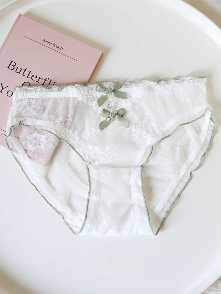 French-Inspired Vintage Mesh Panties with Double Bow and Lace Trim