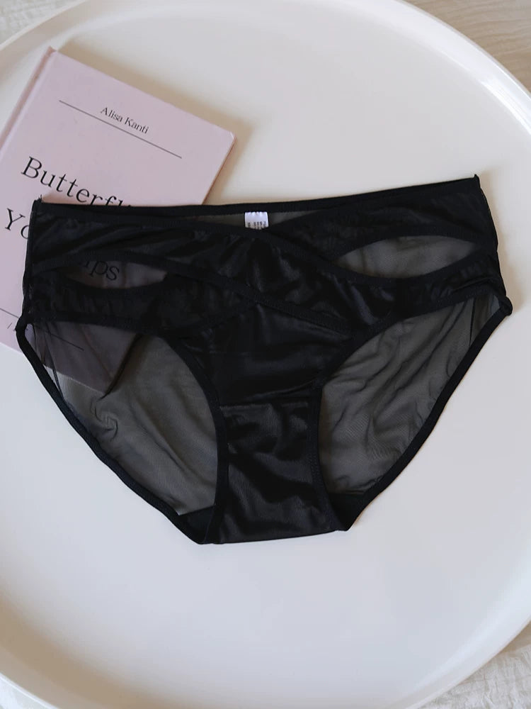 Cross-Cut Hollow-Out Sheer Mesh Lace Panties with Cotton Crotch