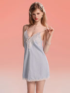 Striped V-Neck Nightgown with Lace Trim
