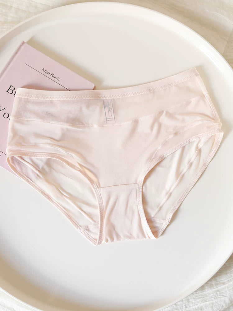 Simple Ice Silk Mesh Mid-Waist Panties with Breathable Cotton Crotch