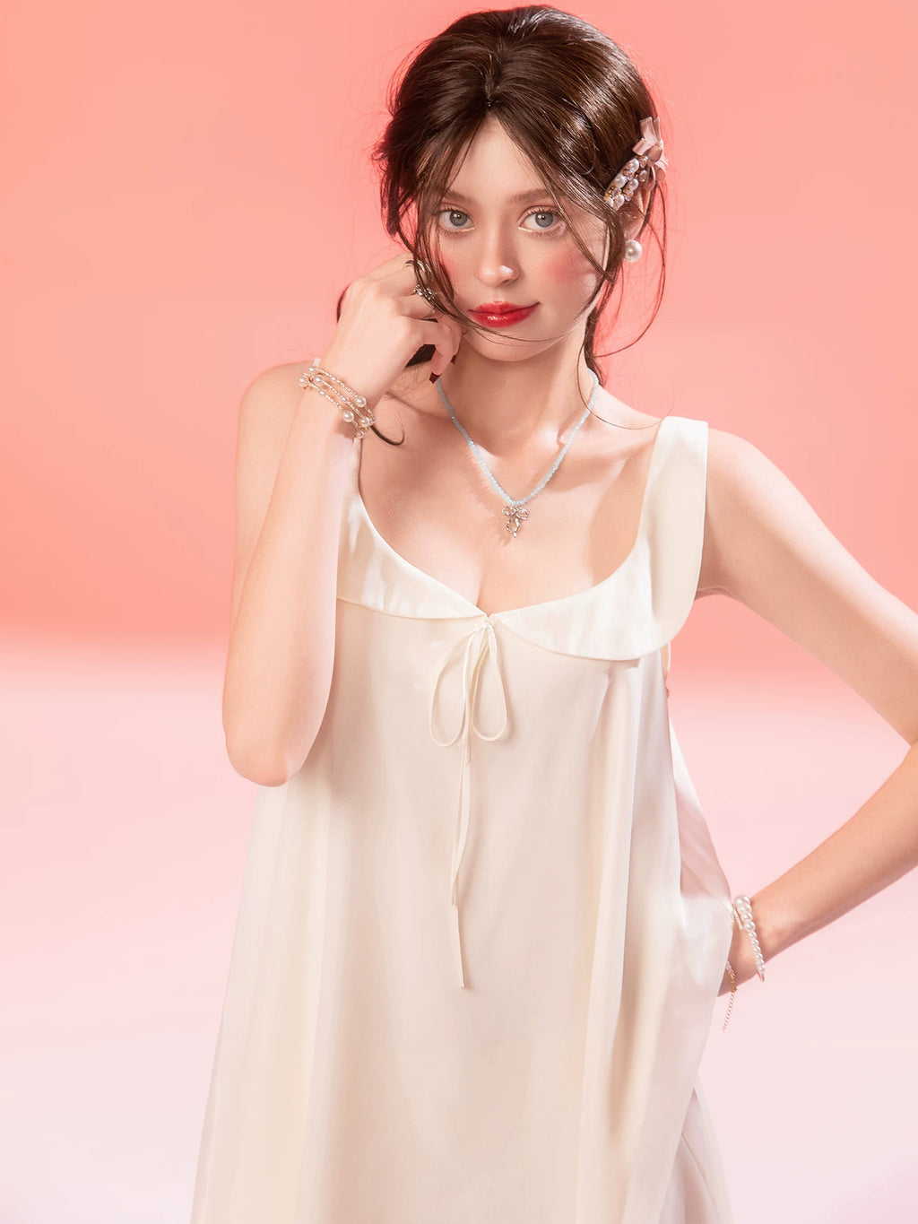 French-Inspired Vintage Mesh Nightgown with Doll Collar and Gauze Trim