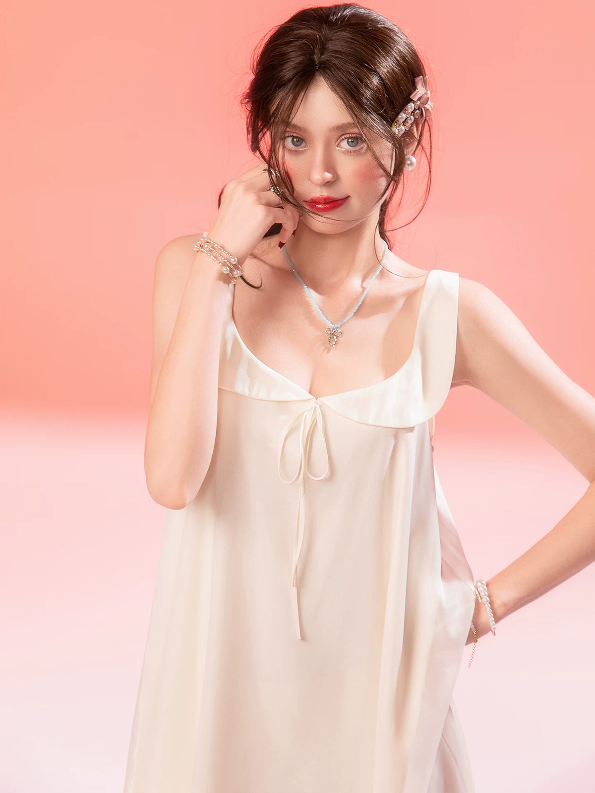 French-Inspired Vintage Mesh Nightgown with Doll Collar and Gauze Trim