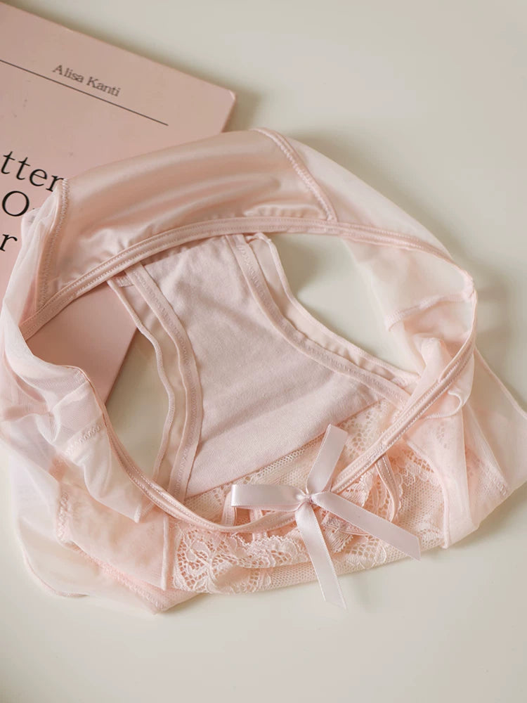 French-Inspired Vintage Panties with Bow Embroidery and Cutout Mesh