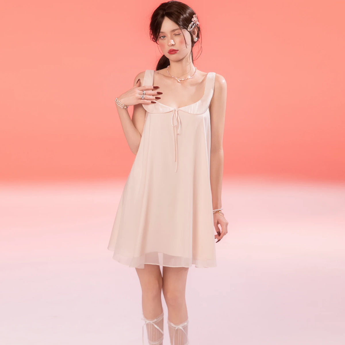 French-Inspired Vintage Mesh Nightdress with Doll Collar and Gauze Trim