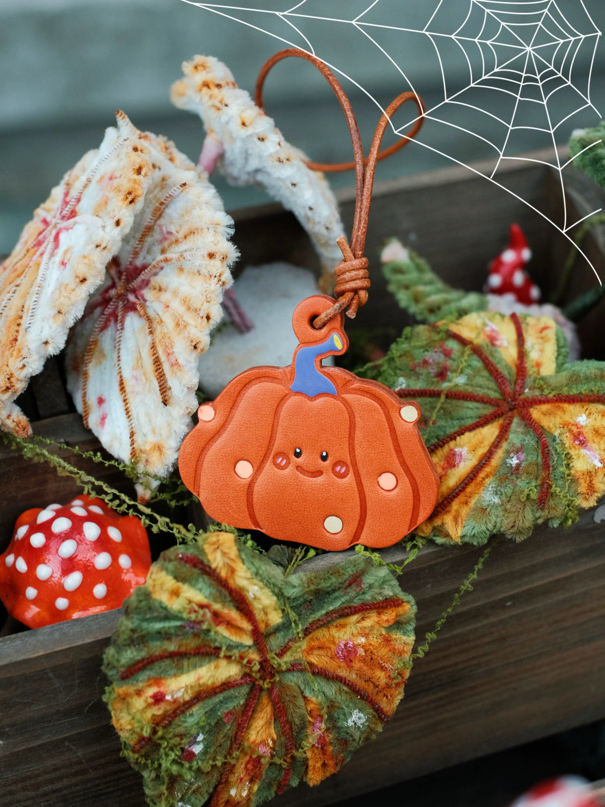 Cute Handmade Cowhide Leather Halloween Pumpkin Keychain Accessory