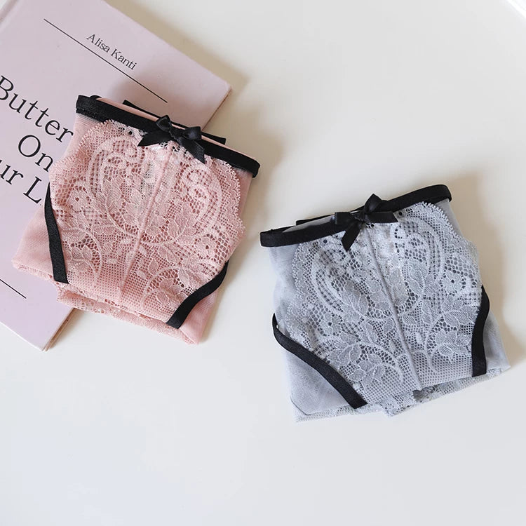 French-Inspired Low-Waist Mesh Panties with Bow and Lace Trim