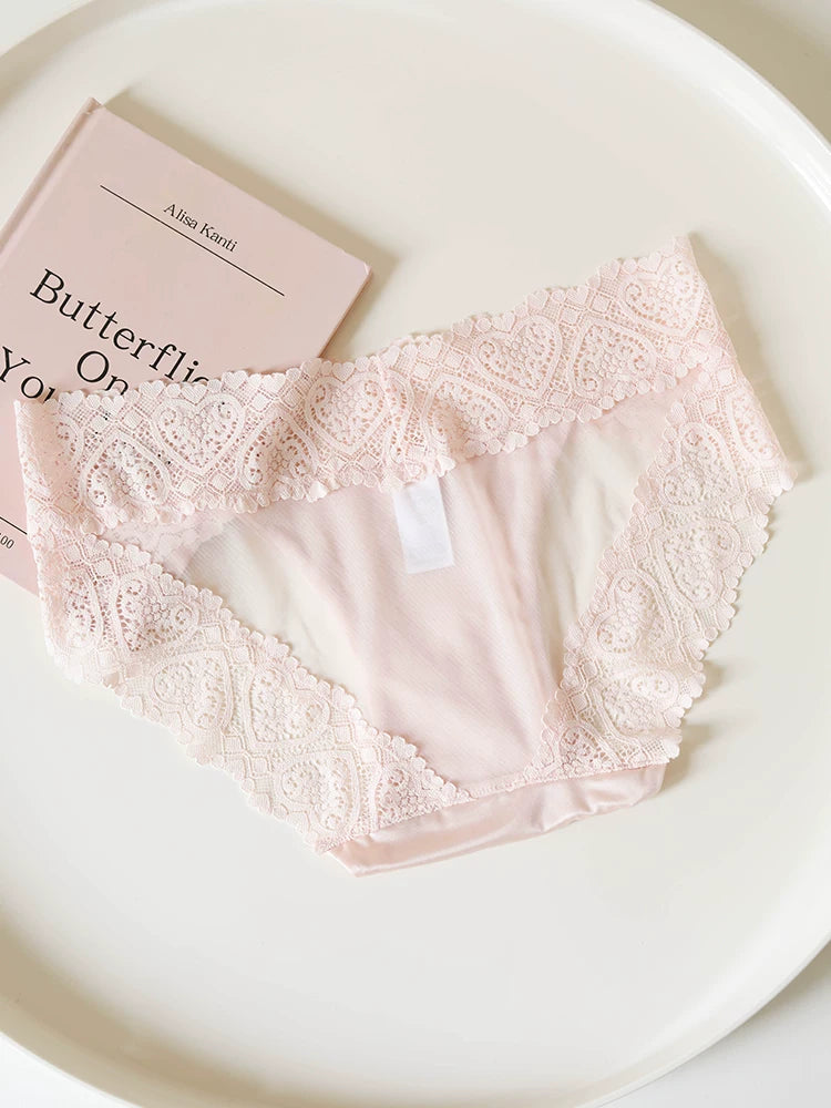 French-Inspired Satin Panties with Sweet Heart and Lace Trim
