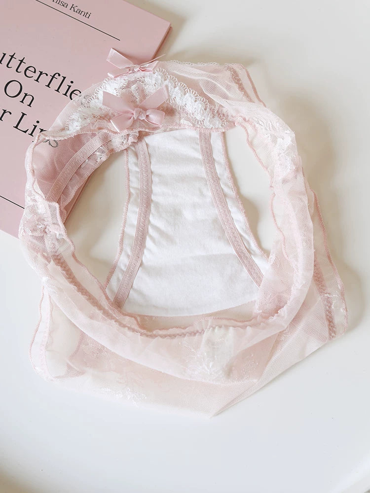 French-Inspired Vintage Mesh Panties with Double Bow and Lace Trim