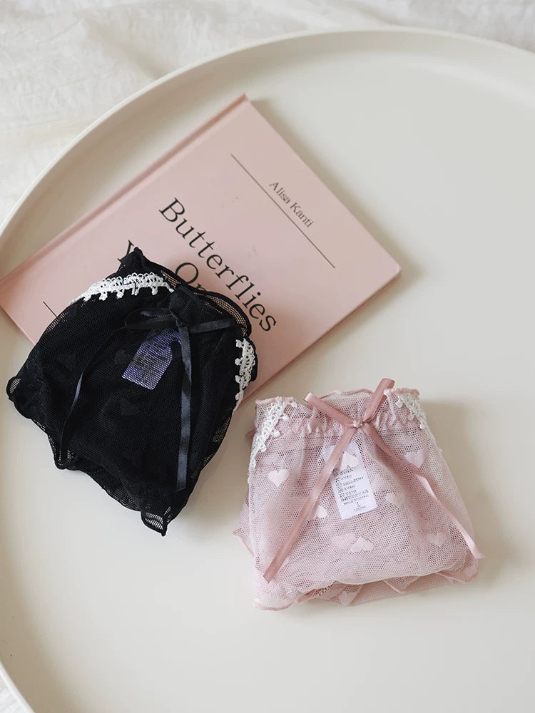 Sweet Heart-Shaped Mesh Panties with Bow and Lace Trim