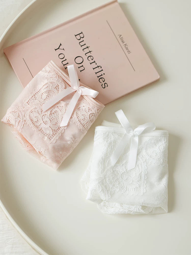French-Inspired Vintage Panties with Bow Embroidery and Lace Trim