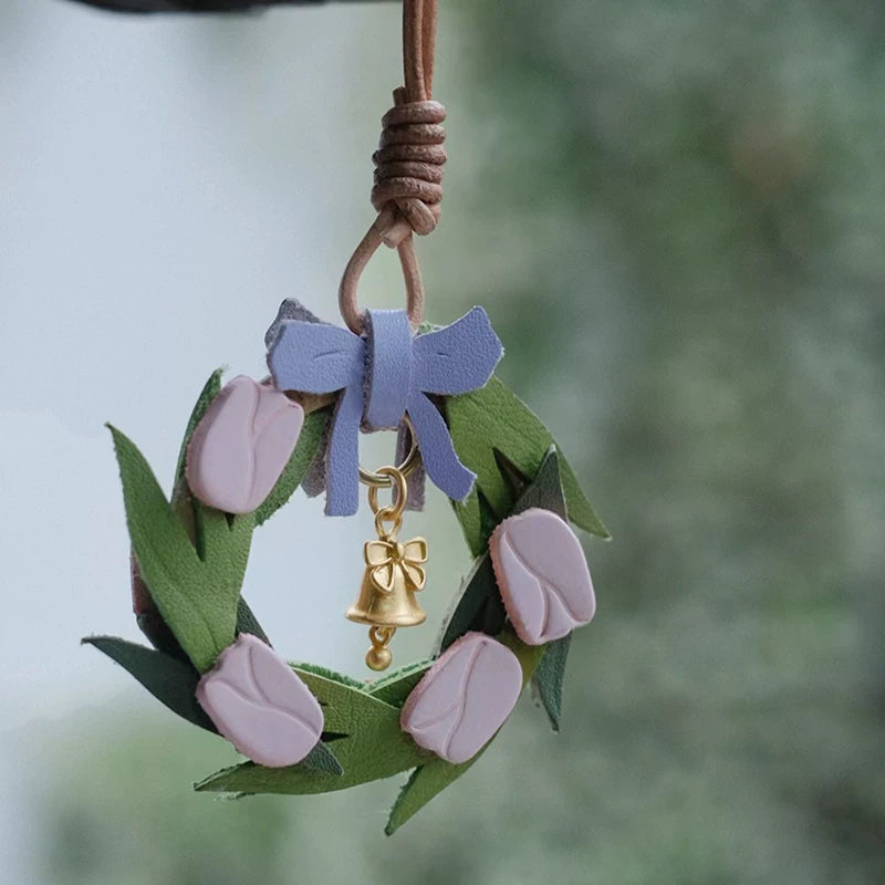 Cute Handmade Leather Flower Keychain Accessory