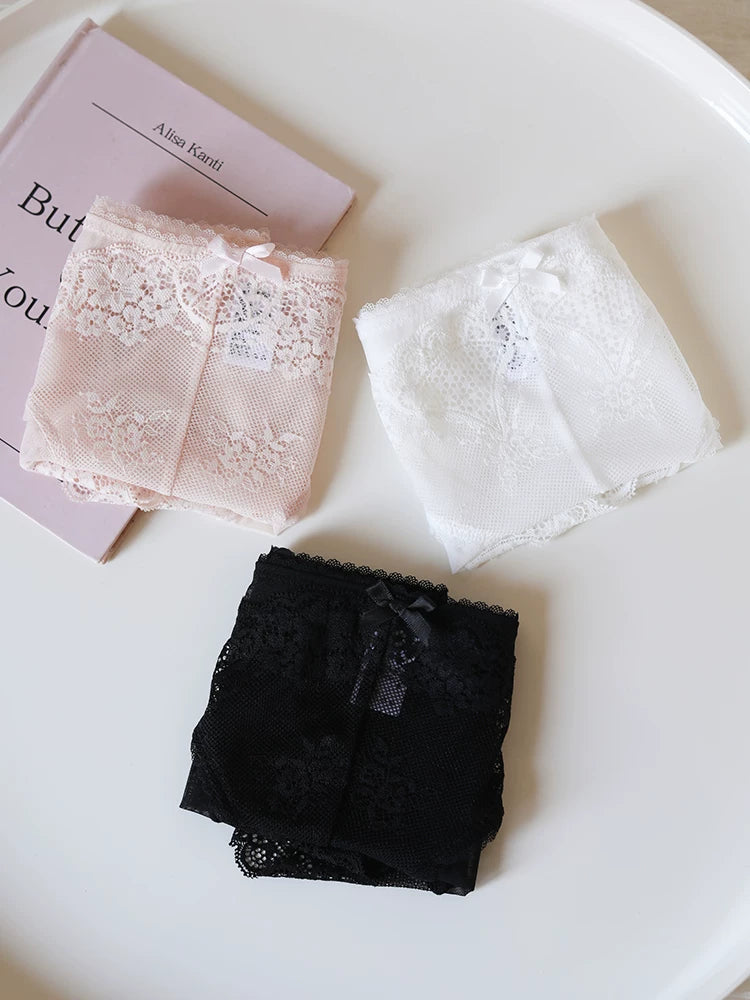 French-Inspired Floral Panties with Bow Embroidery and Lace Trim