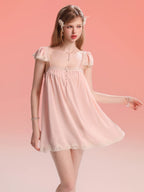 French-Inspired Vintage Nightgown with Flutter Sleeves and Lace Trim