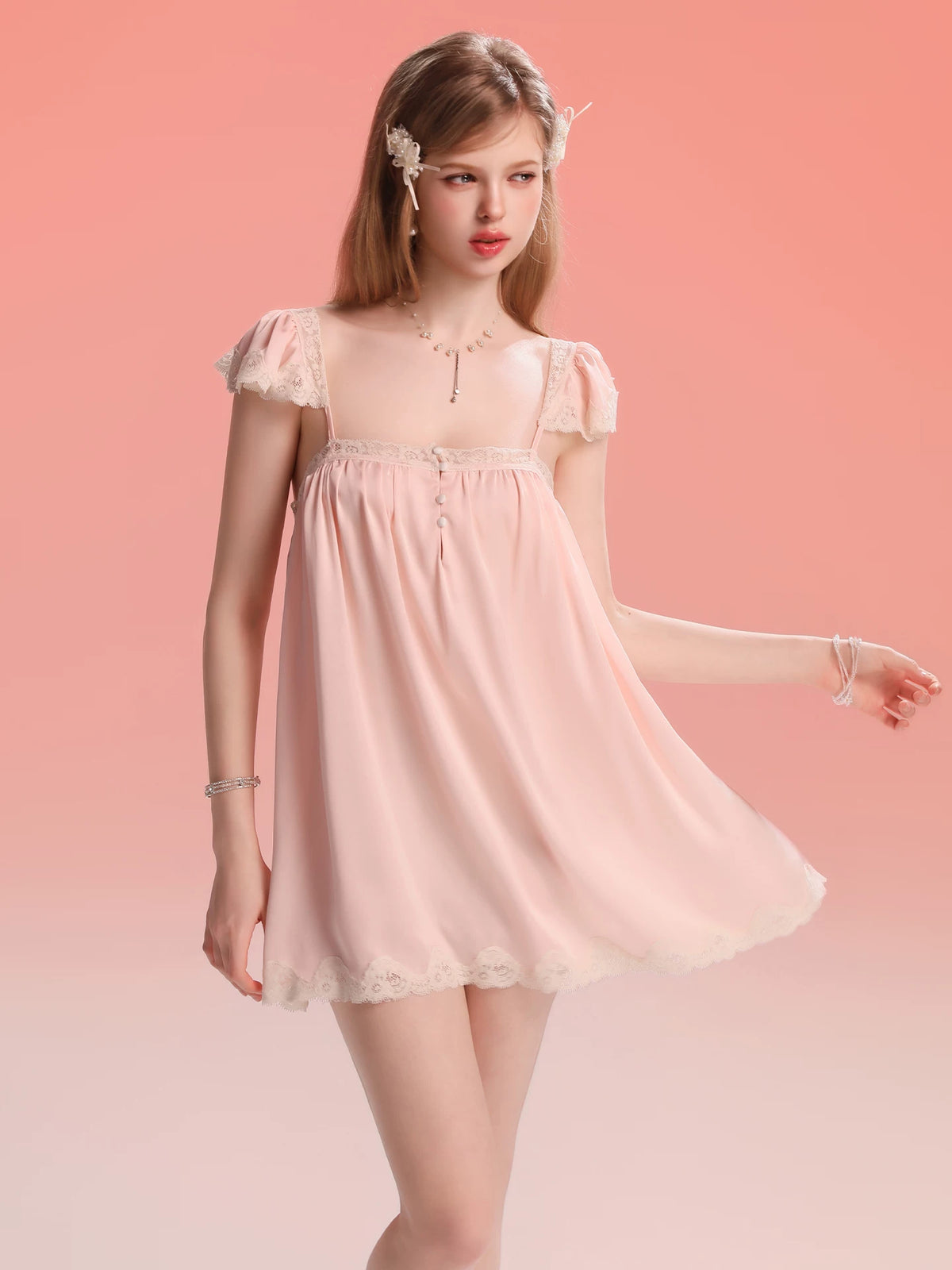 French-Inspired Vintage Nightgown with Flutter Sleeves and Lace Trim