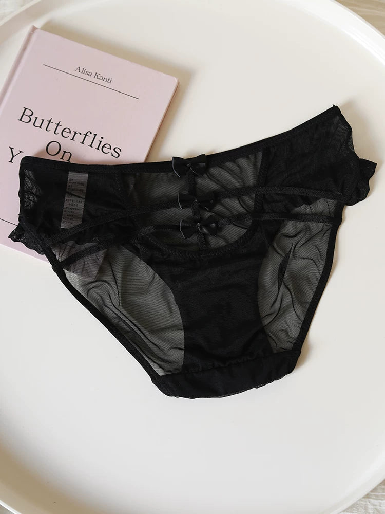 French-Inspired Vintage Mesh Panties with Bow Embroidery and Lace Trim
