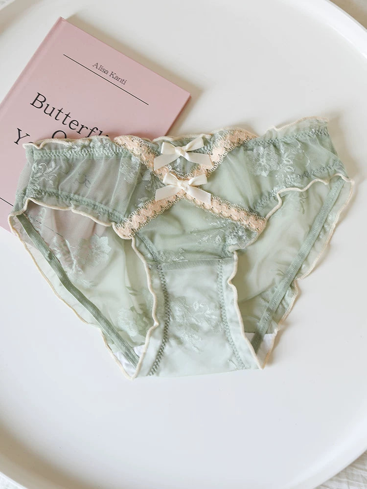 French-Inspired Vintage Mesh Panties with Double Bow and Lace Trim
