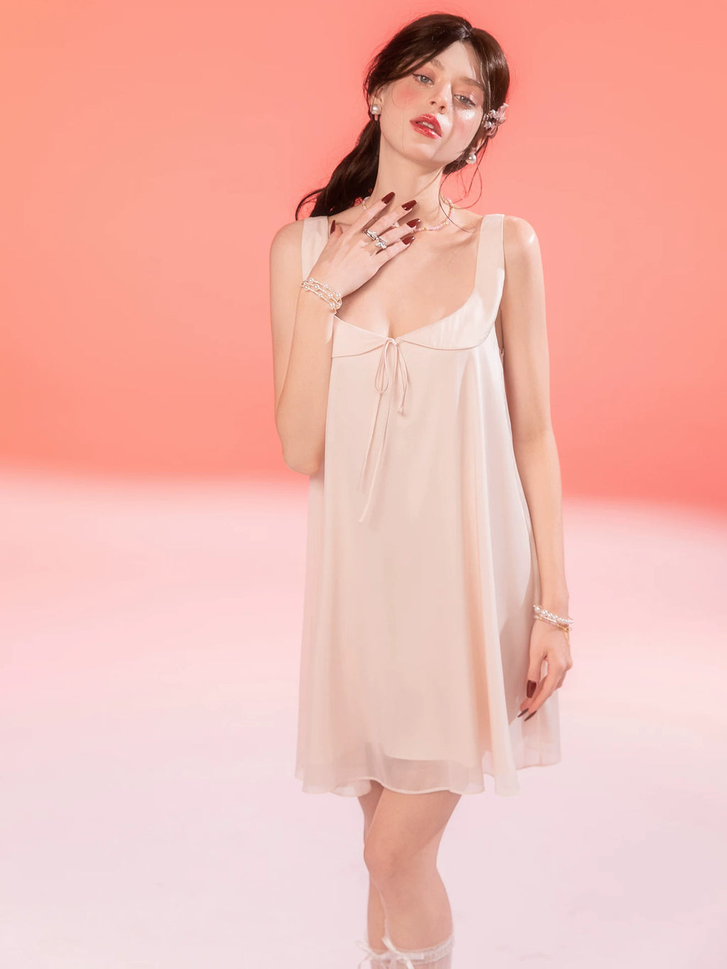 French-Inspired Vintage Mesh Nightgown with Doll Collar and Gauze Trim