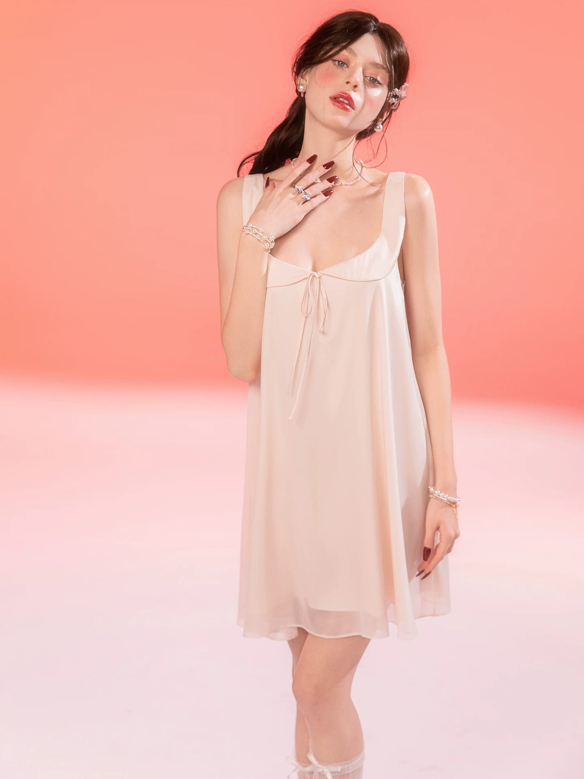 French-Inspired Vintage Mesh Nightgown with Doll Collar and Gauze Trim