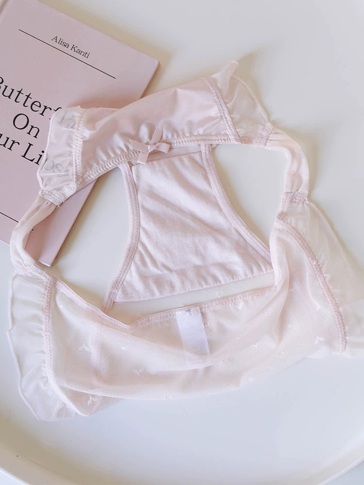French-Inspired Low-Waist Mesh Satin Panties with Ruffle Lace Trim
