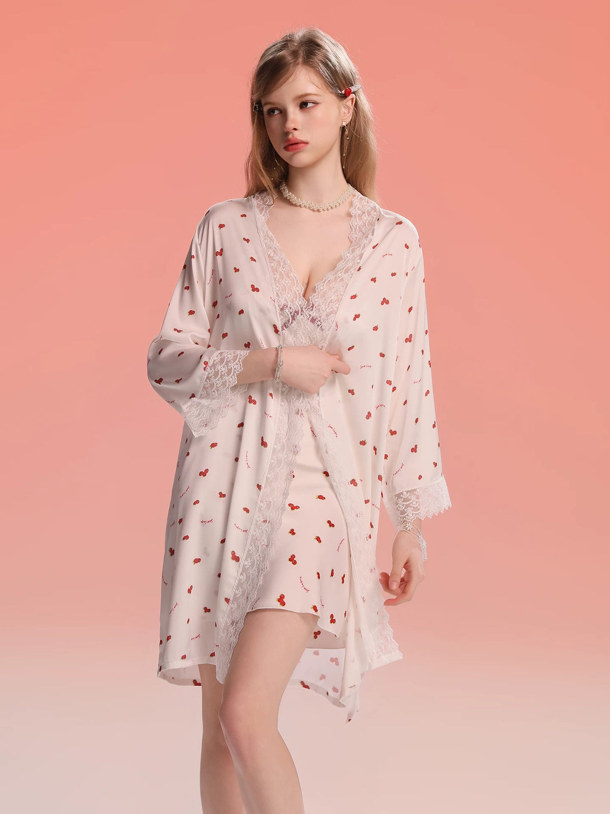 Women's French-Inspired Polka Dot Nightdress with Lace Trim