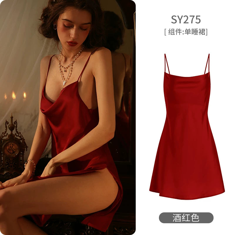 Women's Spaghetti Strap Slit Nightgown with Backless Design