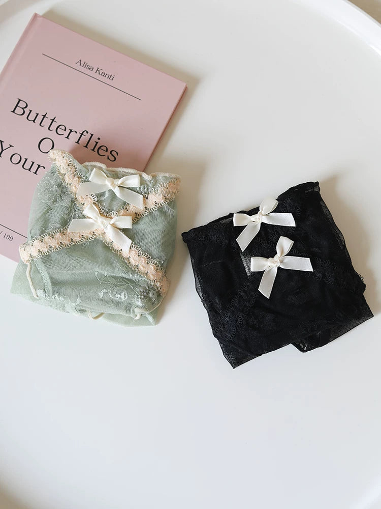 French-Inspired Vintage Mesh Panties with Double Bow and Lace Trim