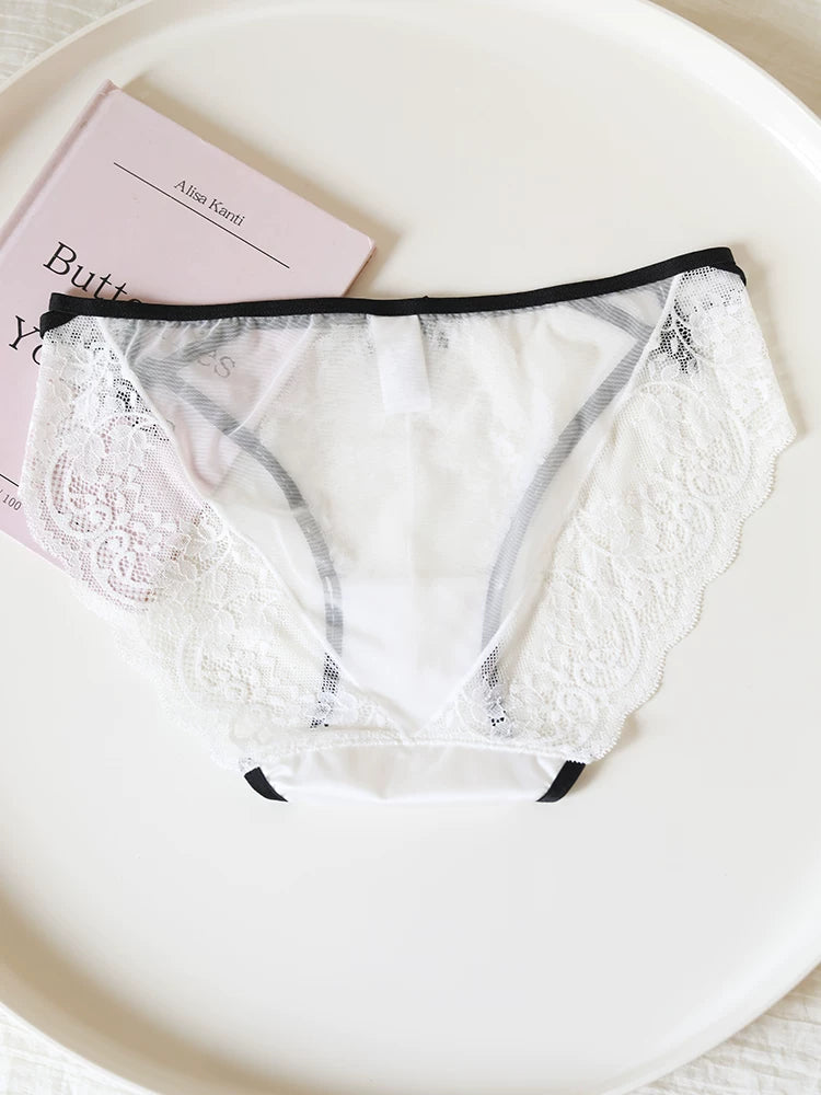 French-Inspired Low-Waist Mesh Panties with Bow and Lace Trim