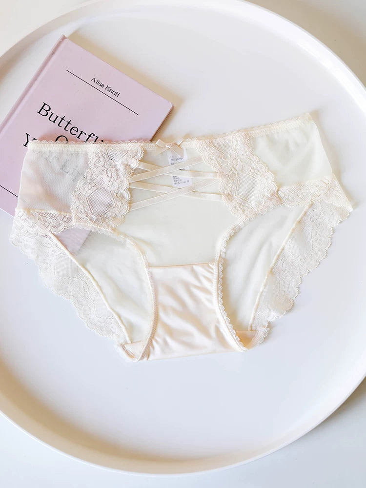 French-Inspired Vintage Mesh Panties with Bow and Lace Trim