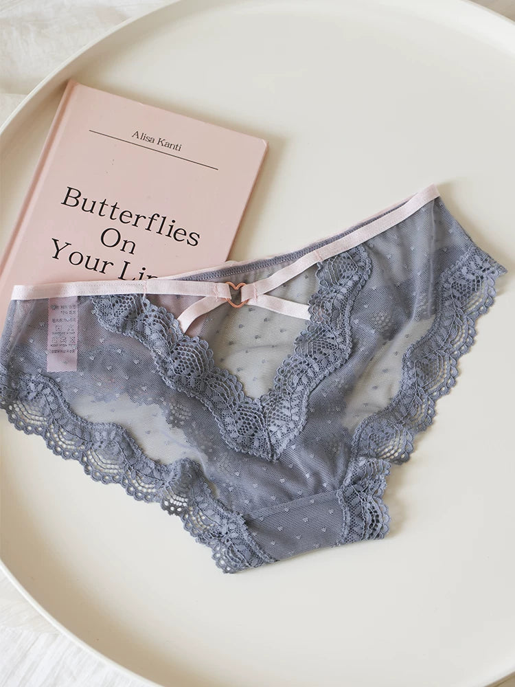 French-Style Lace Panties with Heart Cutout and Mesh Trim