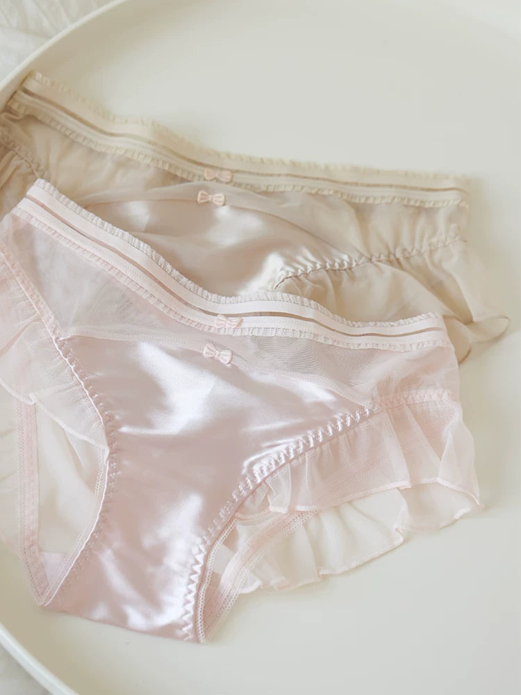 French-Inspired Vintage Bow-Knot Satin Panties with Mesh and Lace Trim