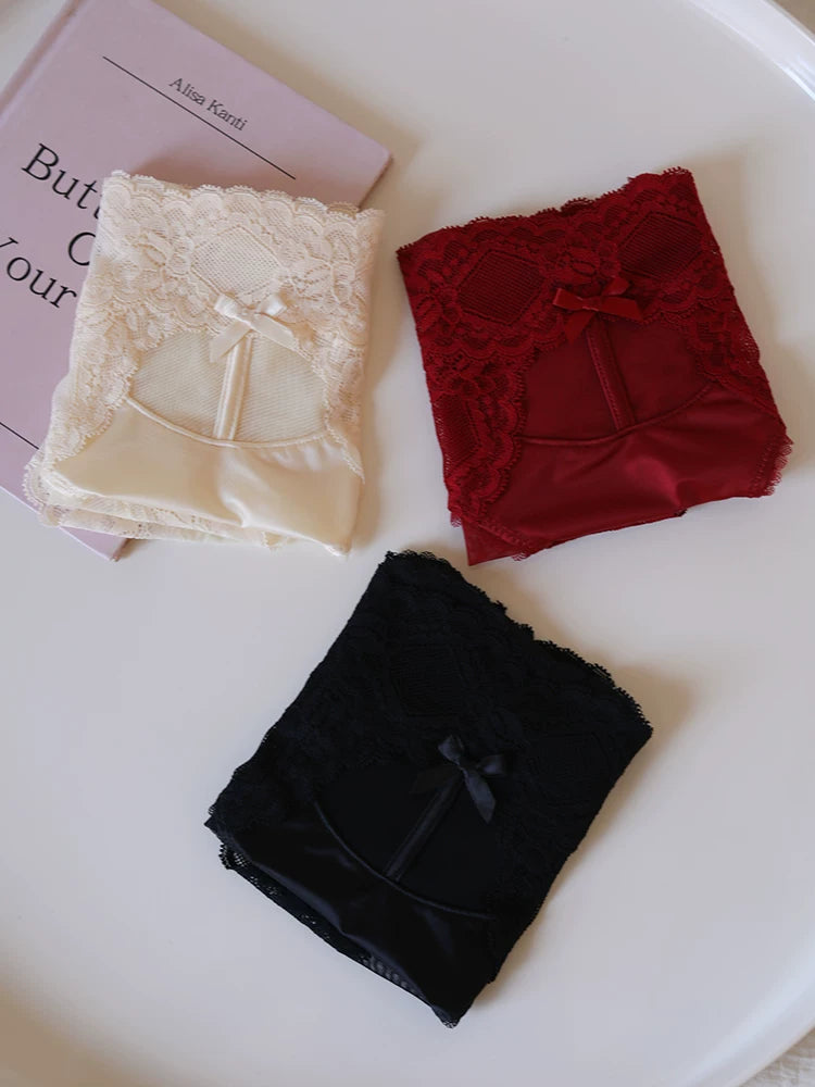 Mid-Waist Satin Mesh Panties with Lace Trim