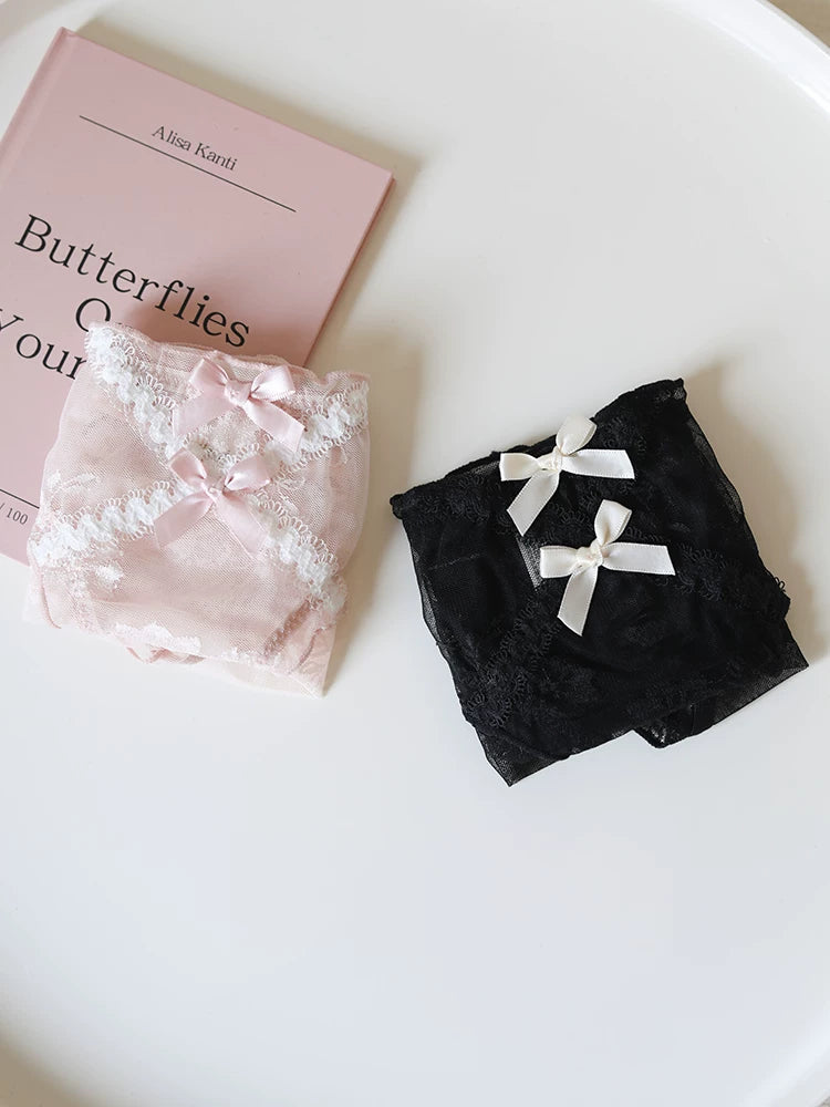 French-Inspired Vintage Mesh Panties with Double Bow and Lace Trim