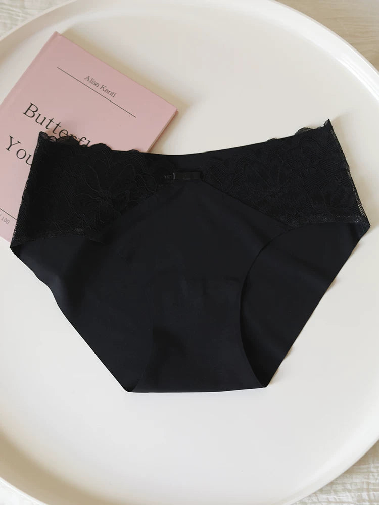 Seamless Ice Silk Low-Waist Briefs with Bow Detail and Lace Trim