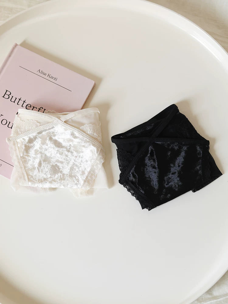 Velvet Mesh Lace Panties with Straps and Cotton Crotch