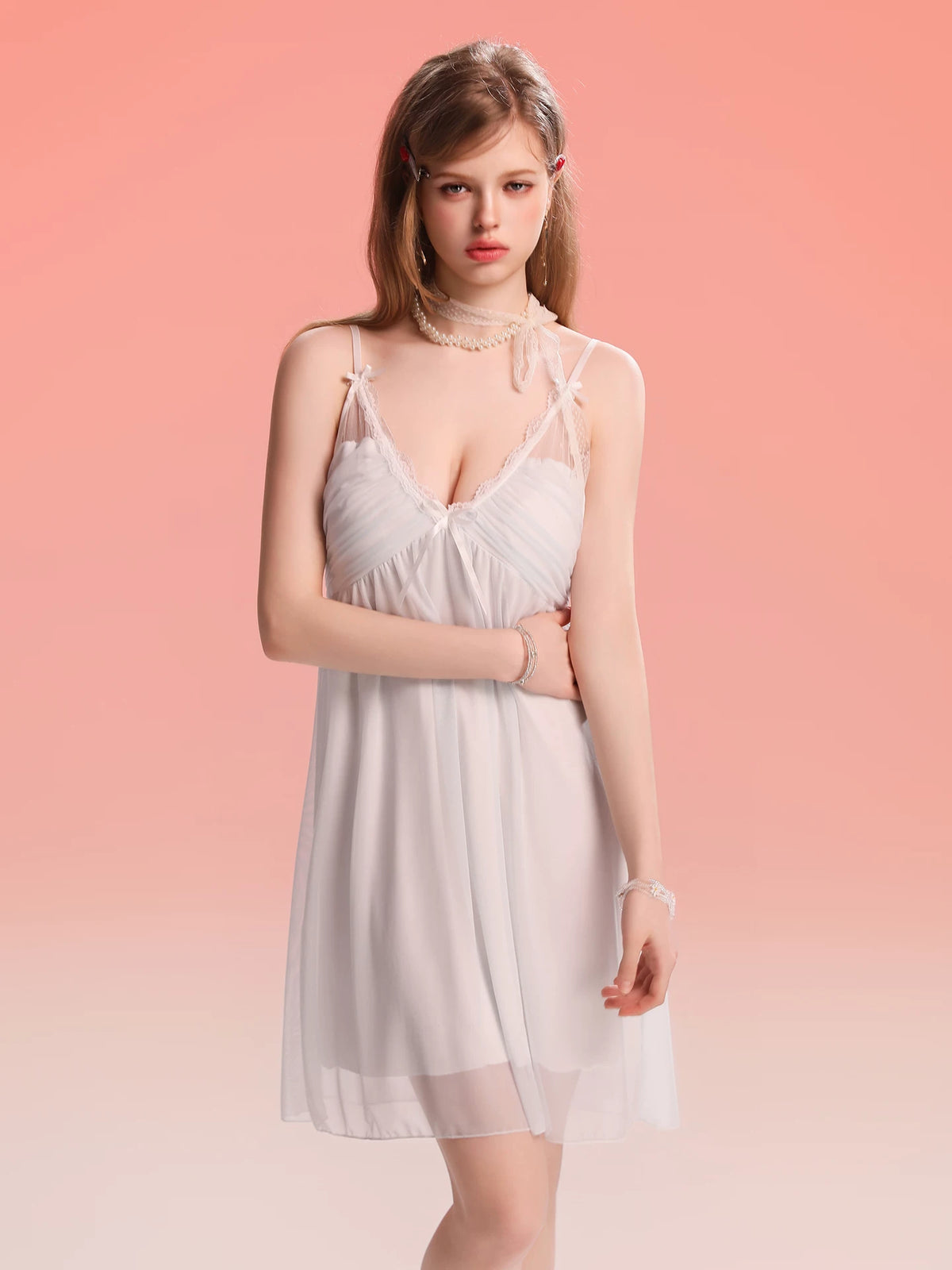 French-Inspired Vintage Camisole Nightgown with Lace Trim and Alluring Slit
