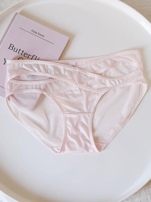 Cross-Cut Hollow-Out Sheer Mesh Lace Panties with Cotton Crotch