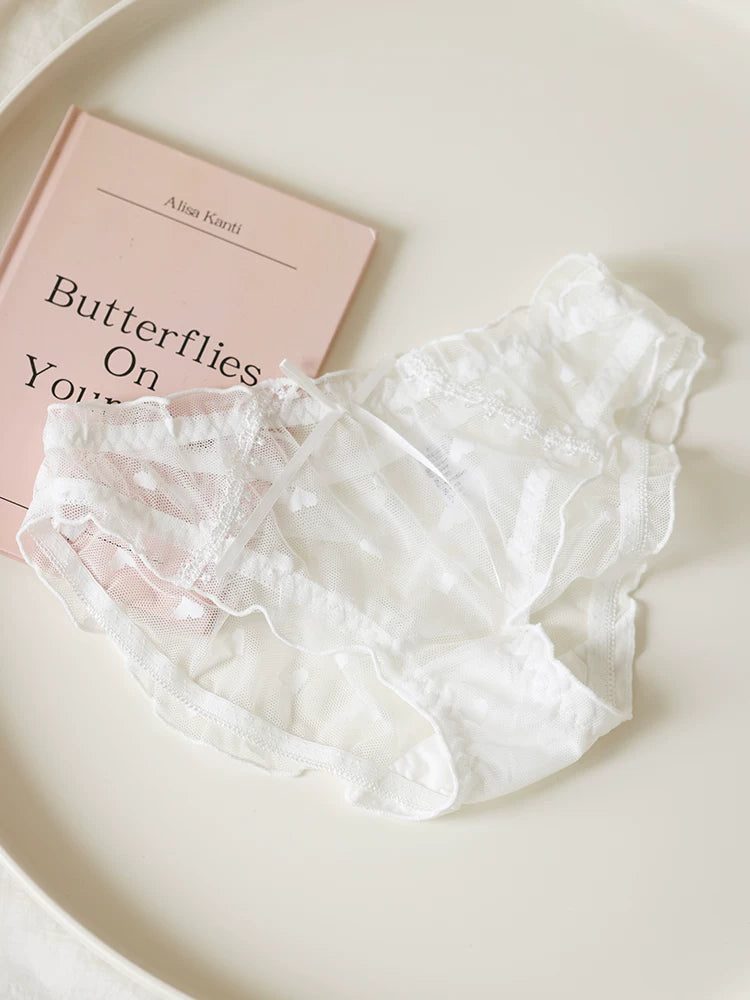 Sweet Heart-Shaped Mesh Panties with Bow and Lace Trim
