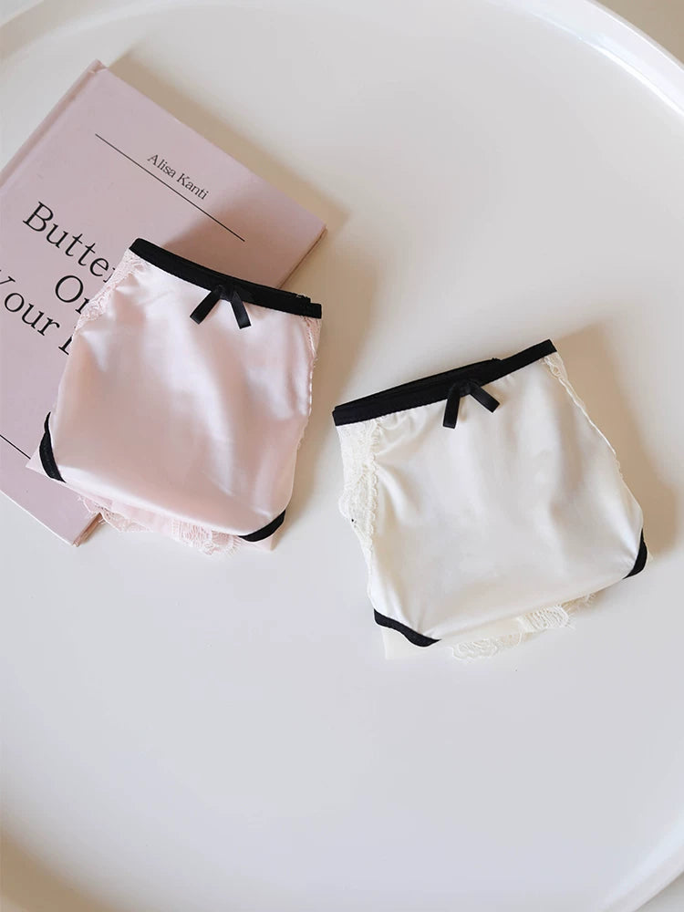 French-Inspired Contrasting Lace Panties with Bow and Pure Cotton Crotch