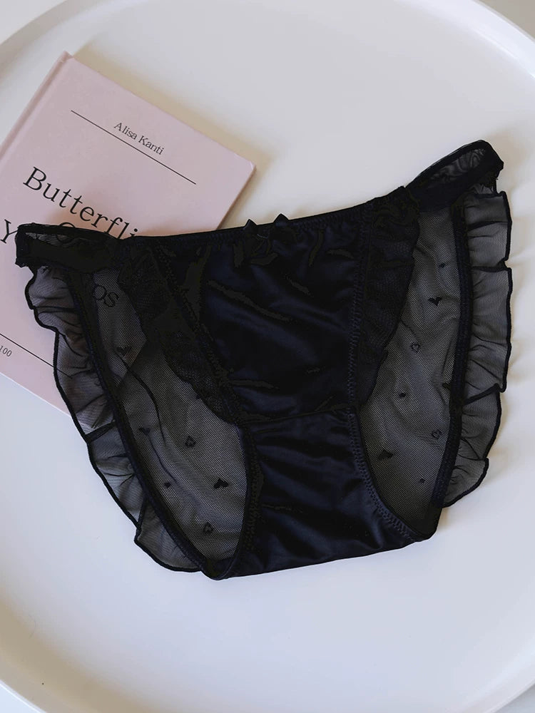 French-Inspired Low-Waist Mesh Satin Panties with Ruffle Lace Trim