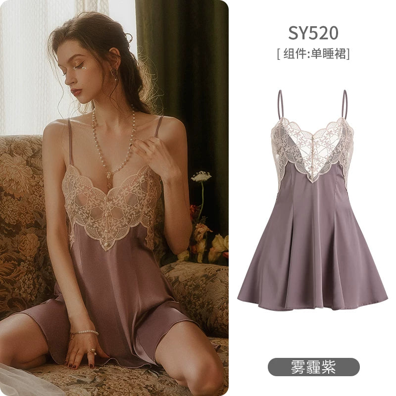 Women's Spaghetti Strap Slit Nightgown with Backless Design