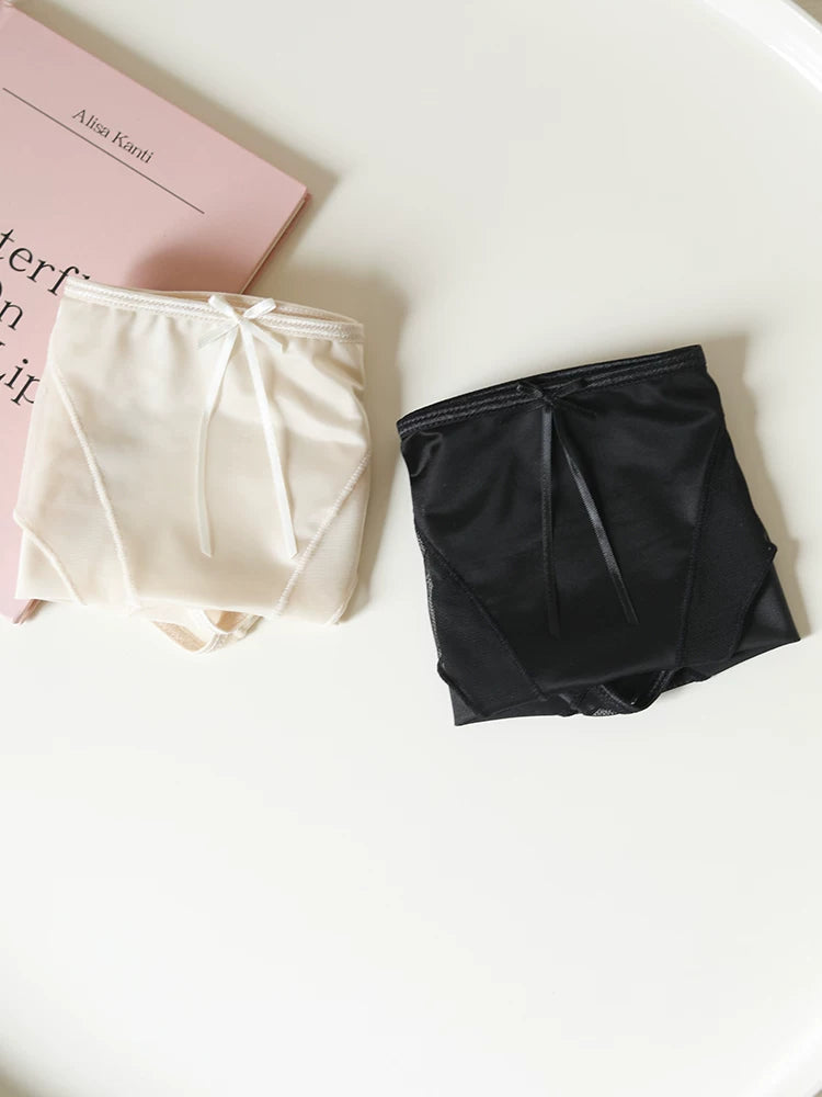 French-Inspired Luxury Satin Mesh Panties with Bow and Lace Trim