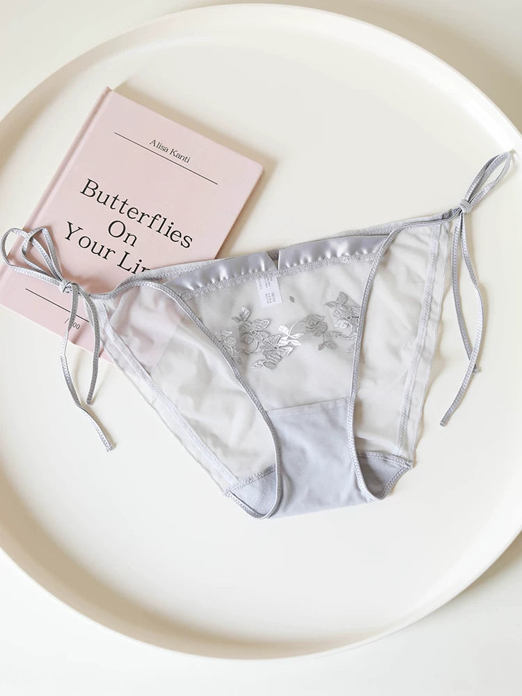 Floral-Inspired Mesh Panties with Tie Sides and Lace Trim